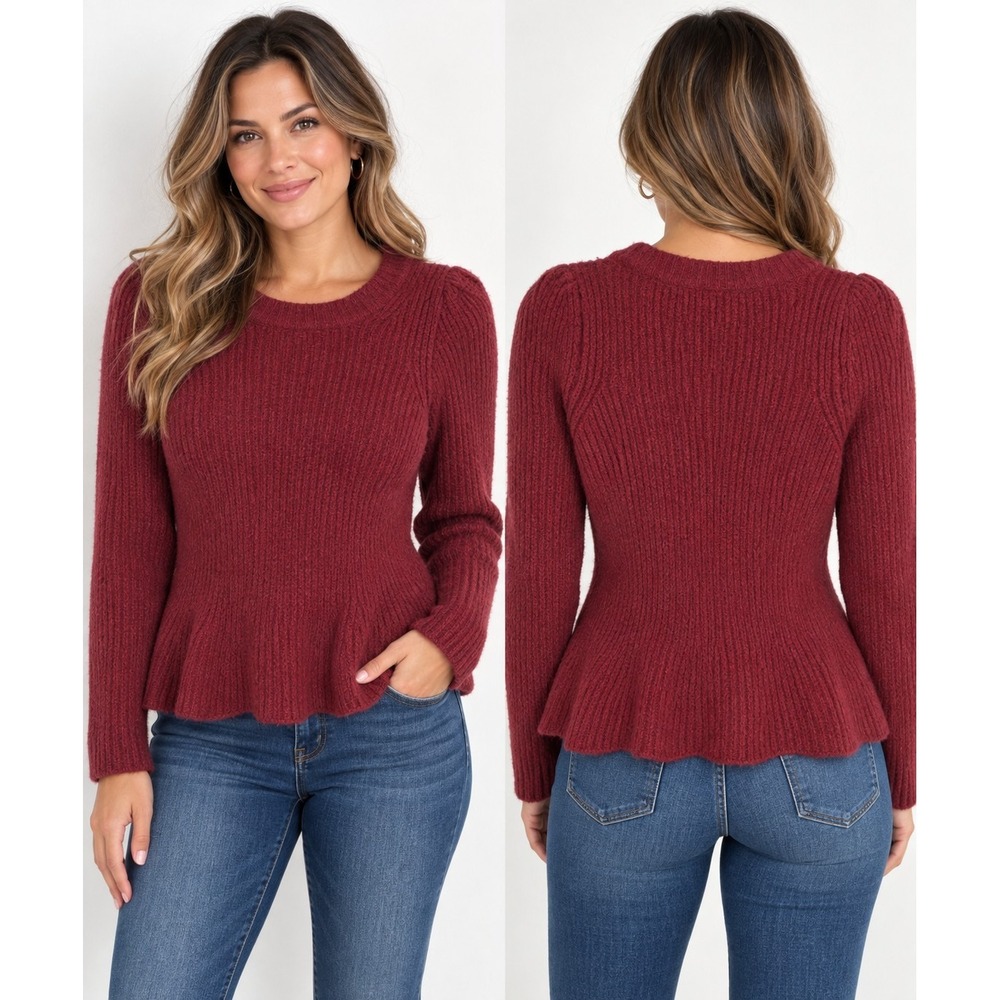 Madewell Puff Sleeve Peplum Sweater Women's XS Rust Burgundy Wool Blend Ribbed